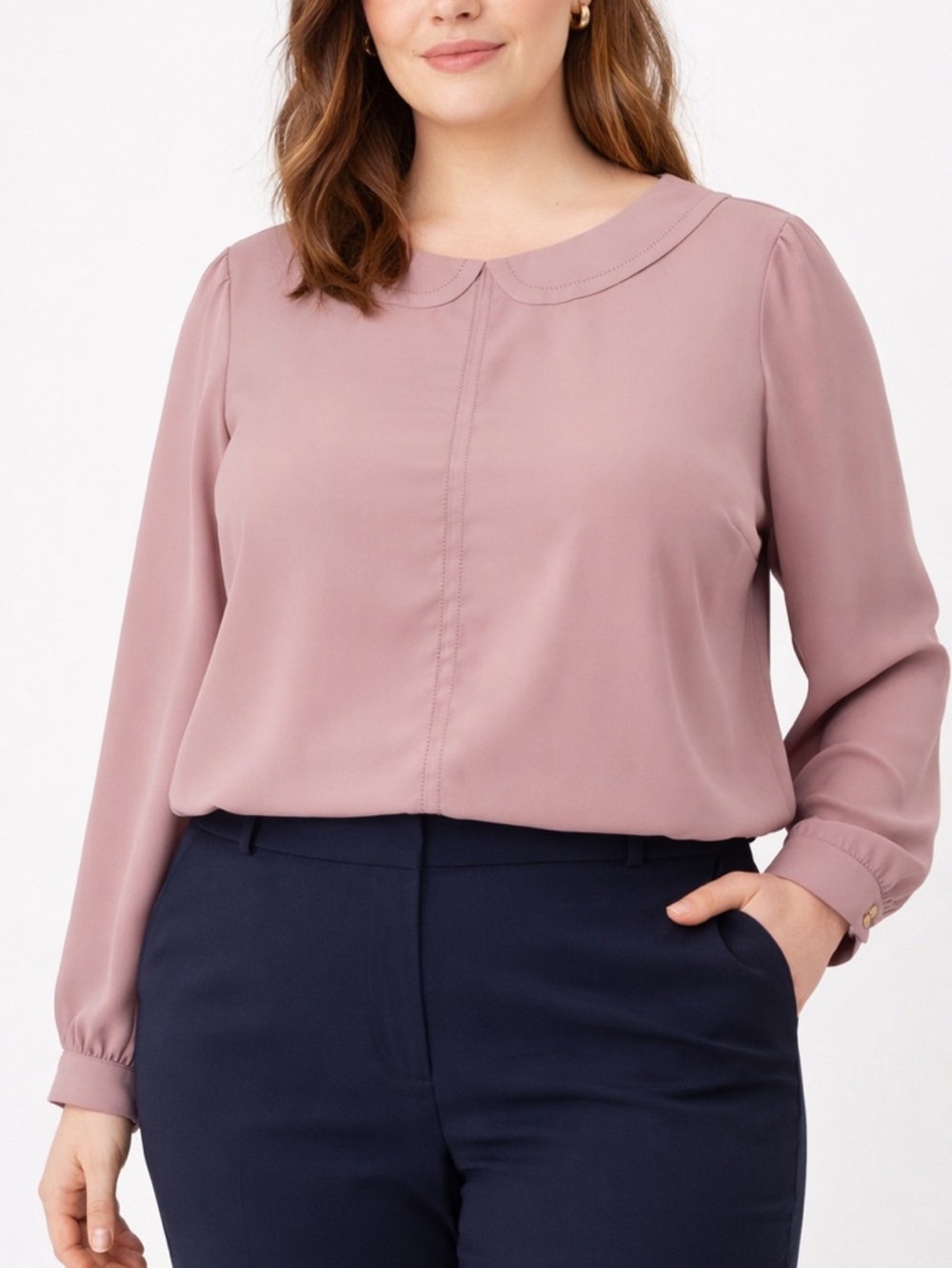 LOFT Dusty Mauve Faux Collar Stitch Blouse Size L Long Sleeve